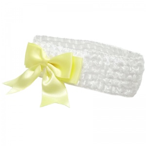 Baby Girls White Crochet Headband with Lemon Satin Bow